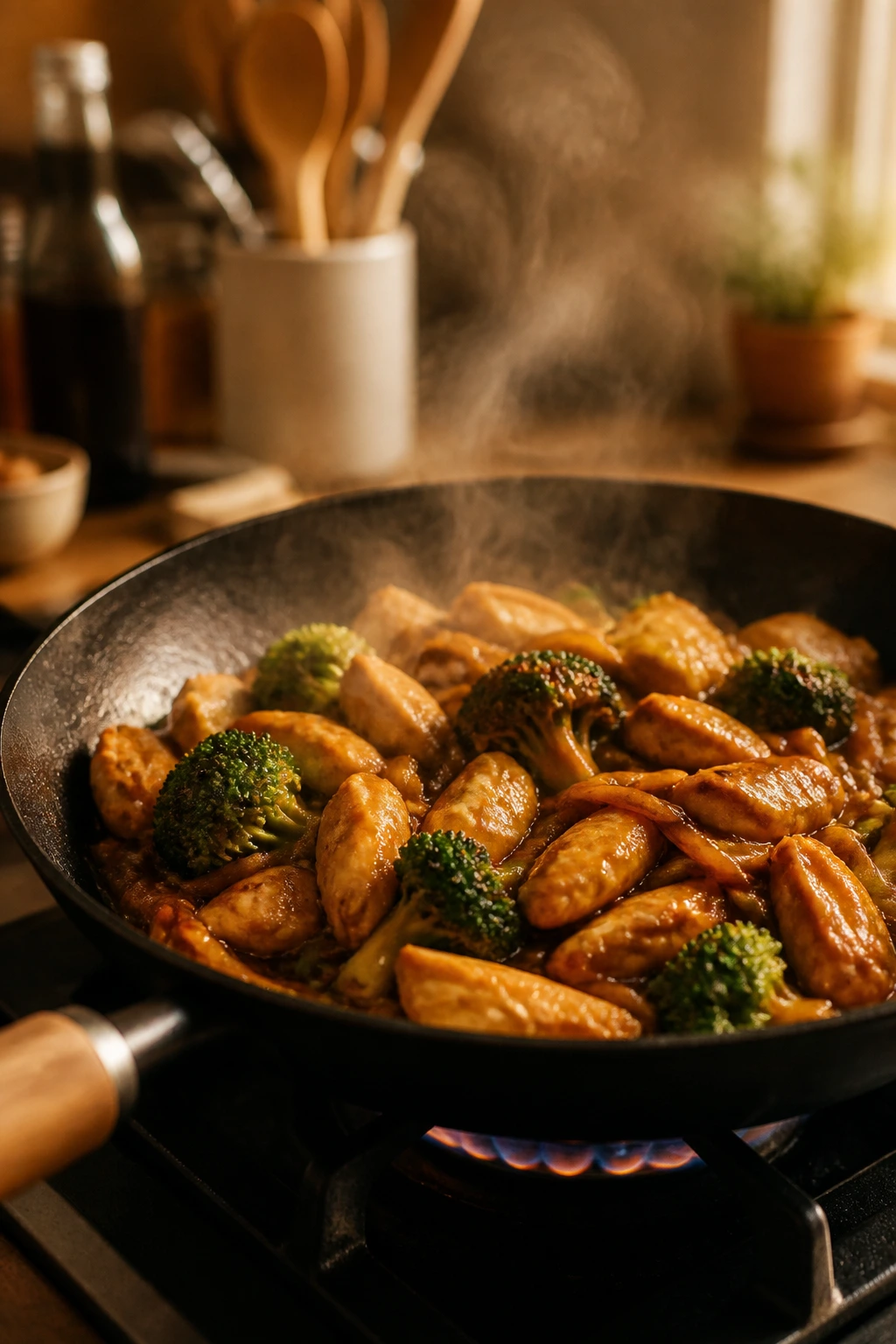 Glossy chicken stir-fry with broccoli and noodles in a skillet on a kitchen stove.
