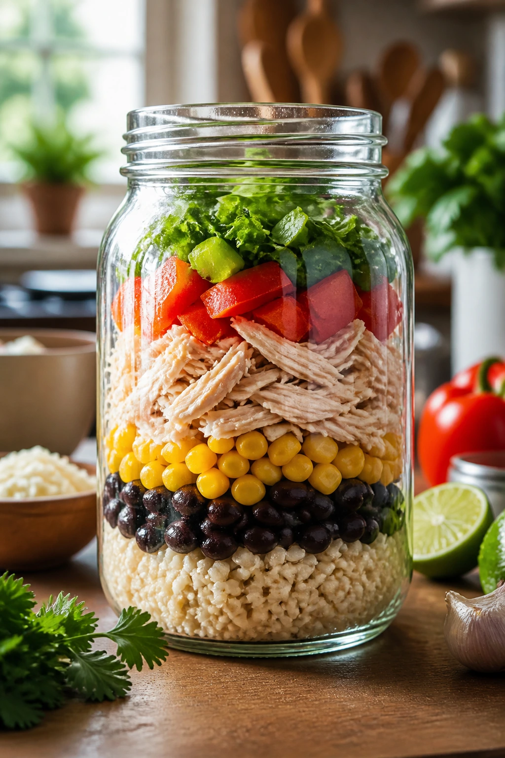Close-up of pantry jar with mixed ingredients on a kitchen counter