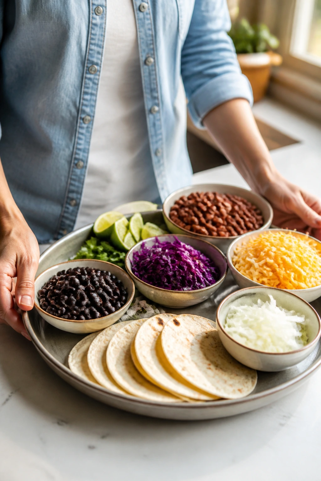 Real person presenting a pantry taco tray with beans, tortillas, cabbage, onion, and cheese