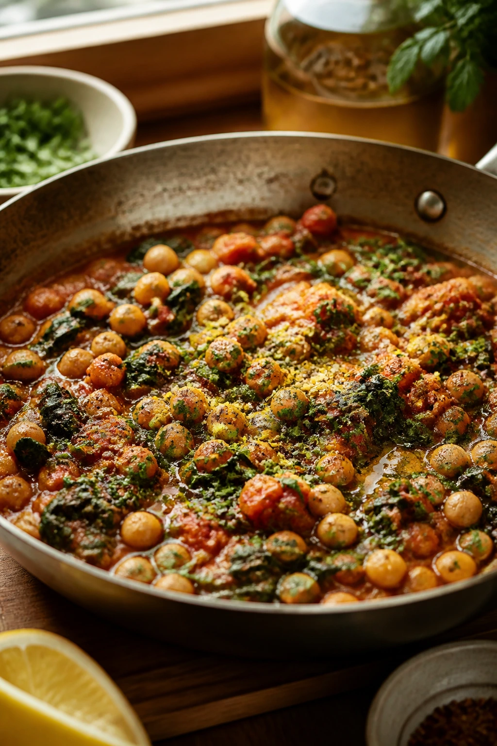 Close-up of rustic tomato-chickpea Mediterranean dish on wooden counter