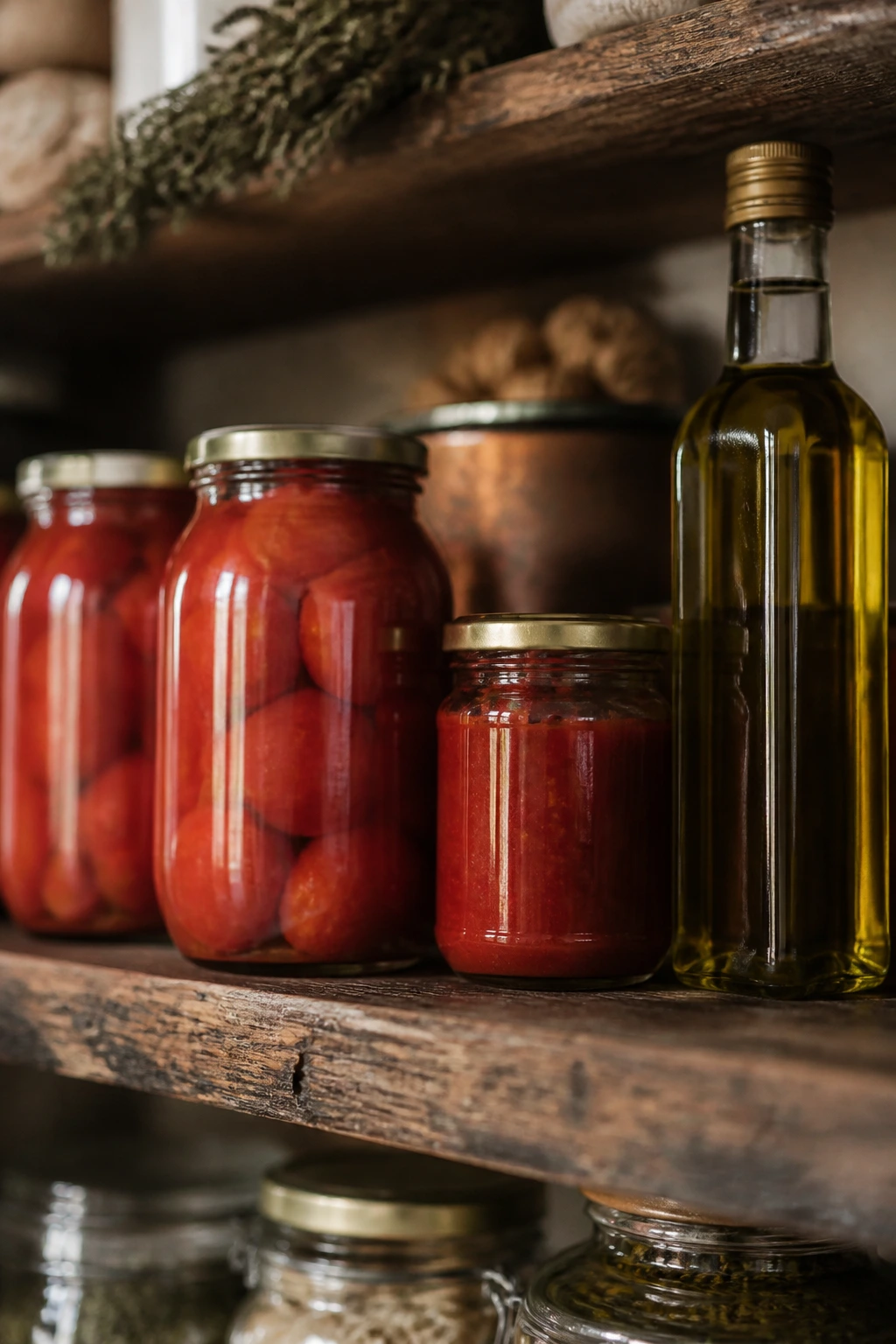 Rustic pantry shelf with canned tomatoes, tomato paste, and olive oil in warm light