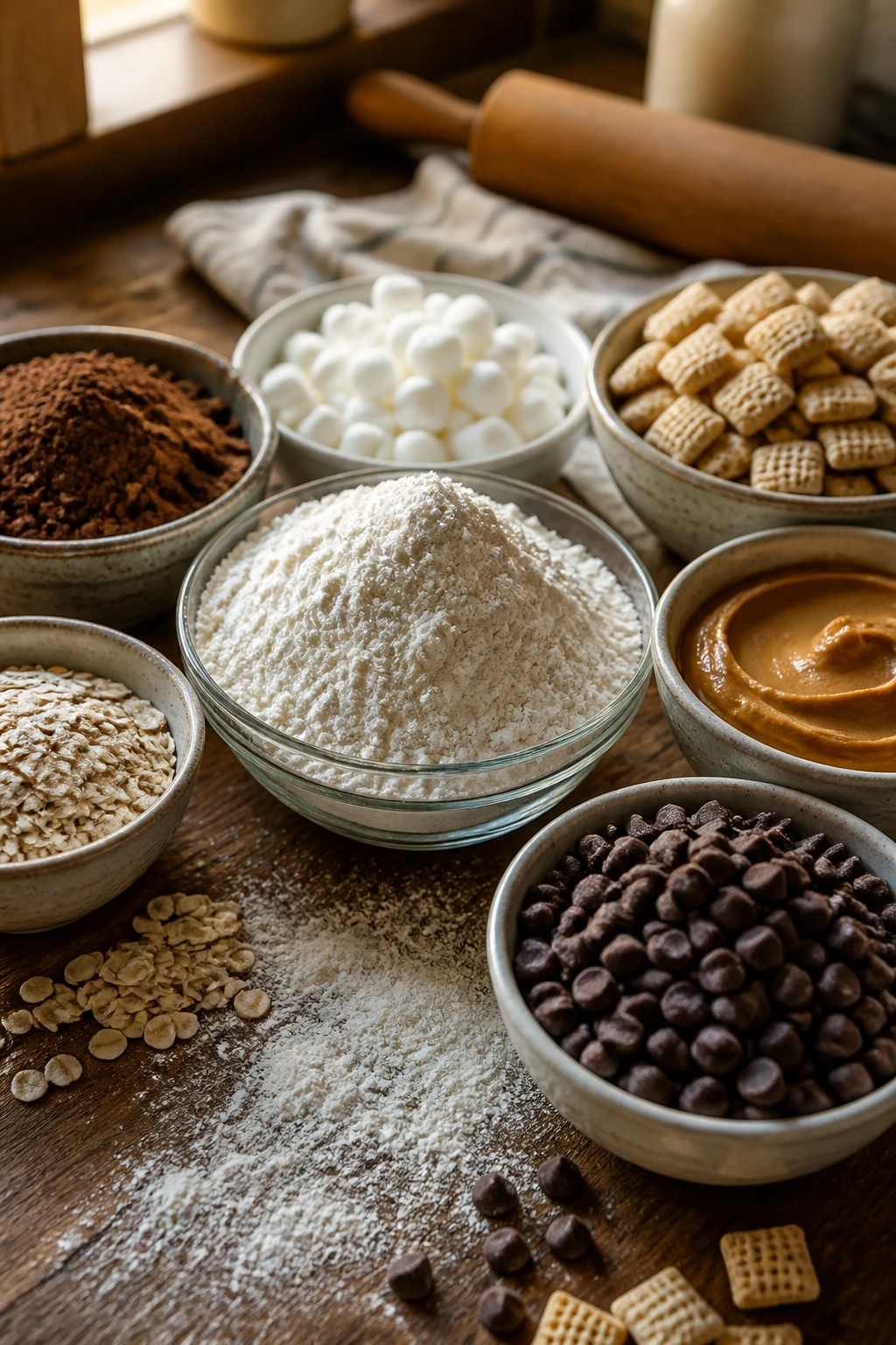 Close-up still life of pantry staples for Halloween desserts on a wooden counter