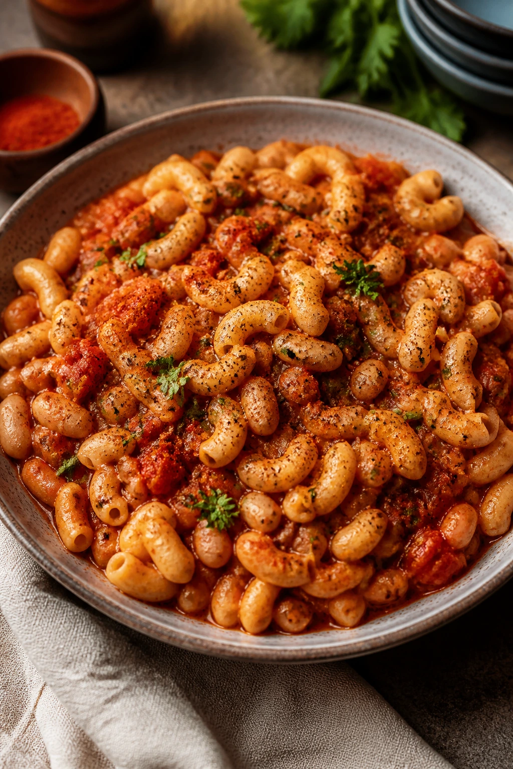 Pantry-based dish in a skillet with smoky flavor notes and herbs