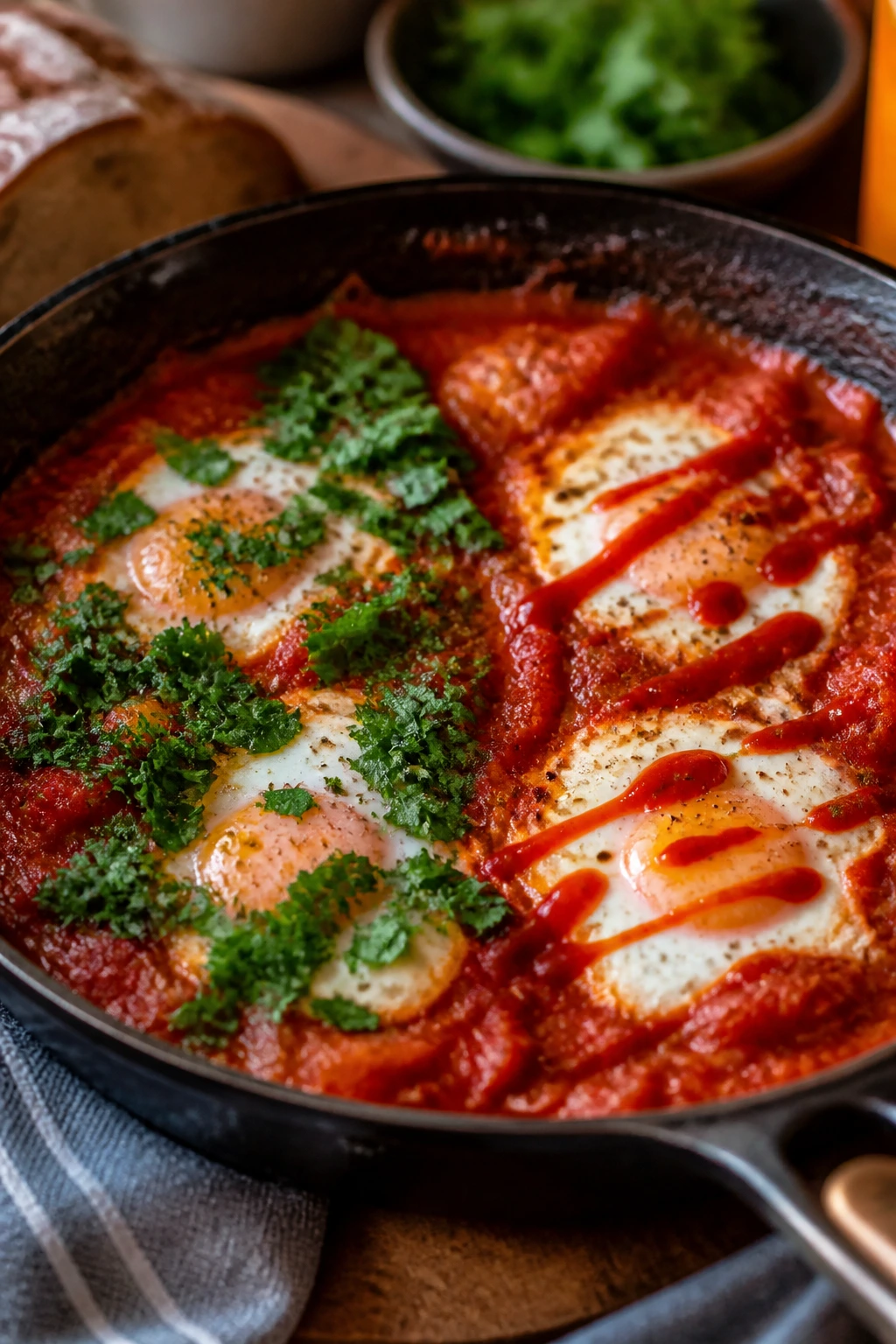 Shakshuka-style pantry dish showing two different finishers on each half.