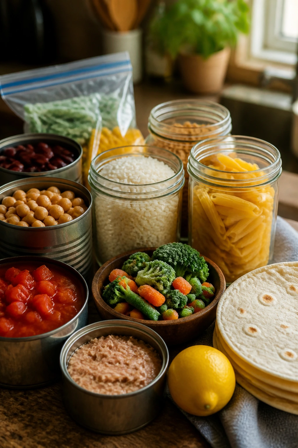 Close-up of pantry staples on a rustic counter illustrating variations for budget meals