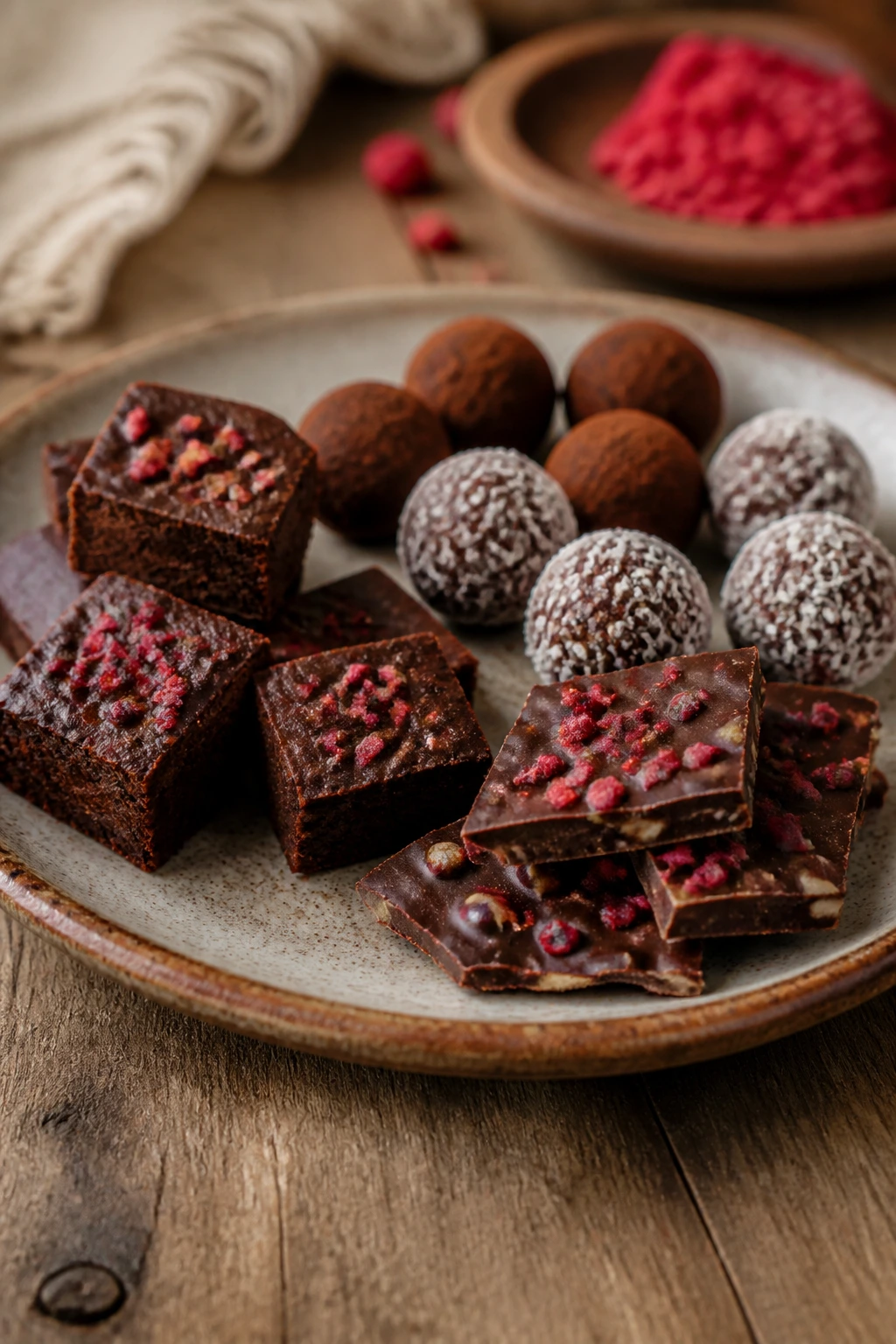 Plate of assorted no-bake desserts on a wooden table
