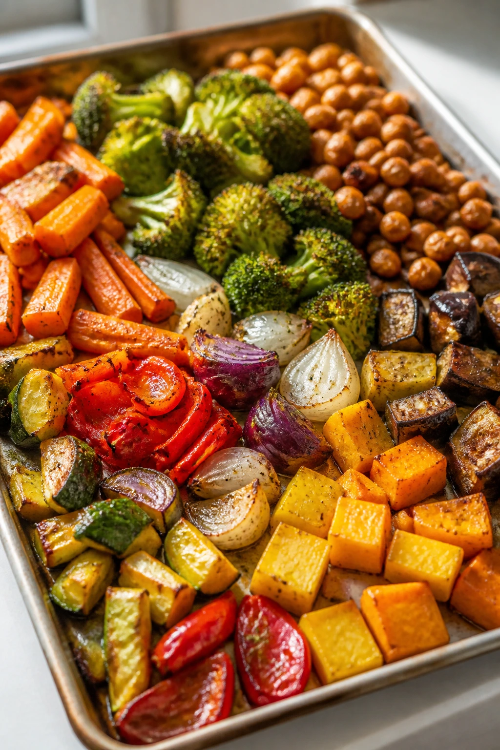 Colorful roasted vegetable tray showing variations in color and texture