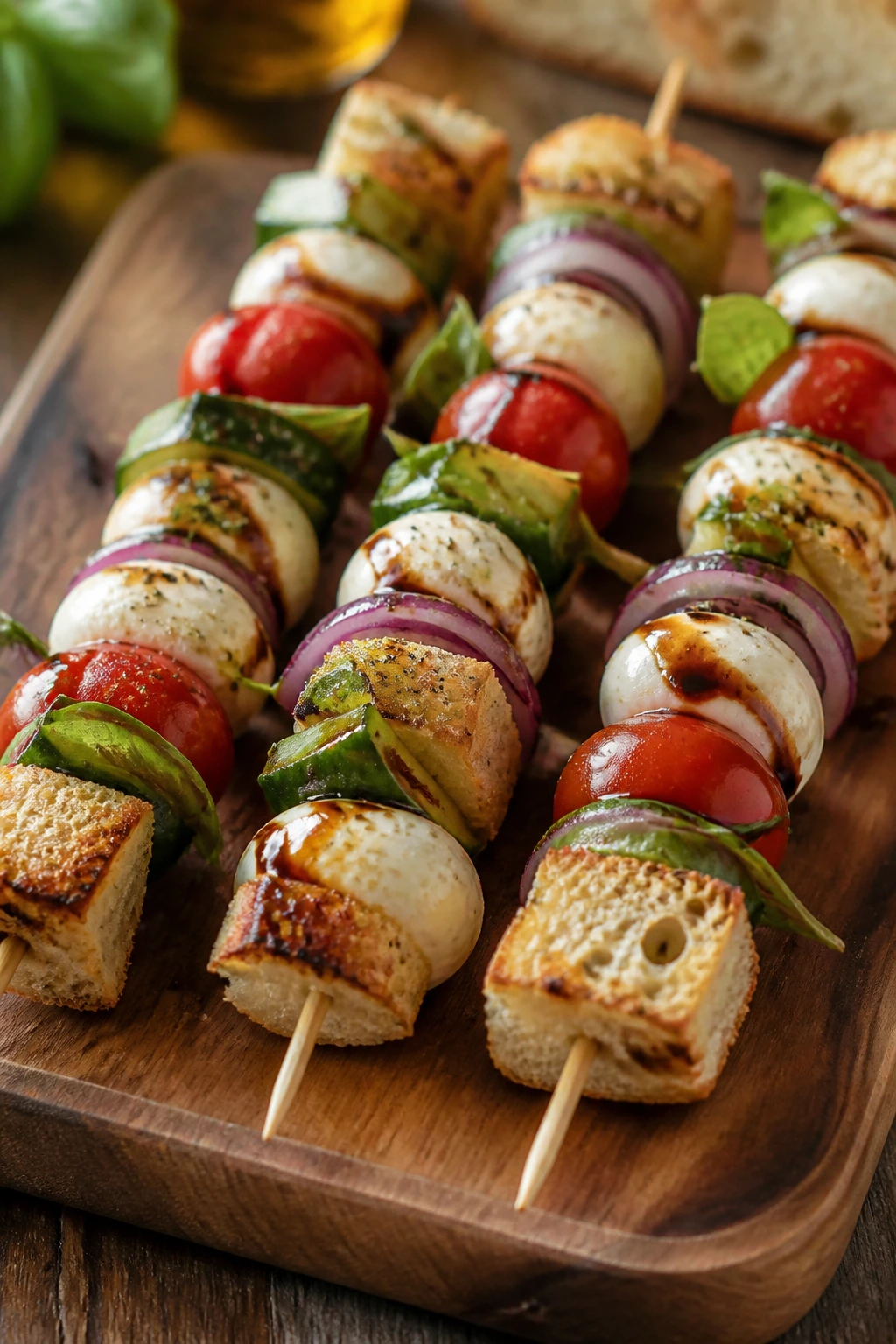 Caprese skewers with toasted ciabatta, tomato, mozzarella, cucumber, and basil on a rustic board