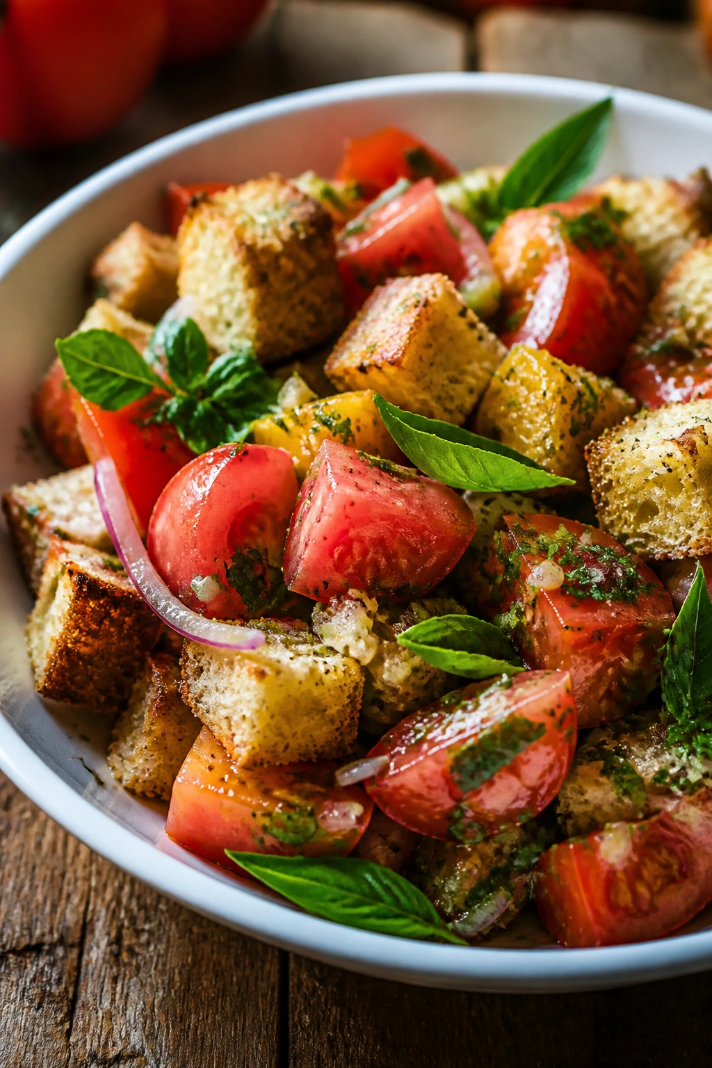 Tomato panzanella close-up with bread and herbs