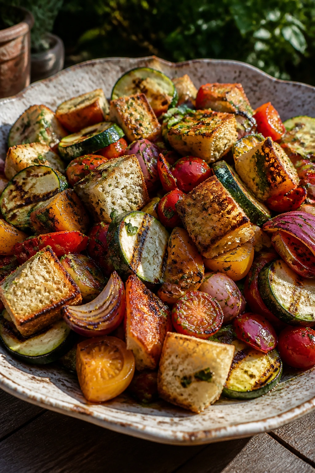 Close-up of grilled veggie panzanella with sourdough croutons on a plate