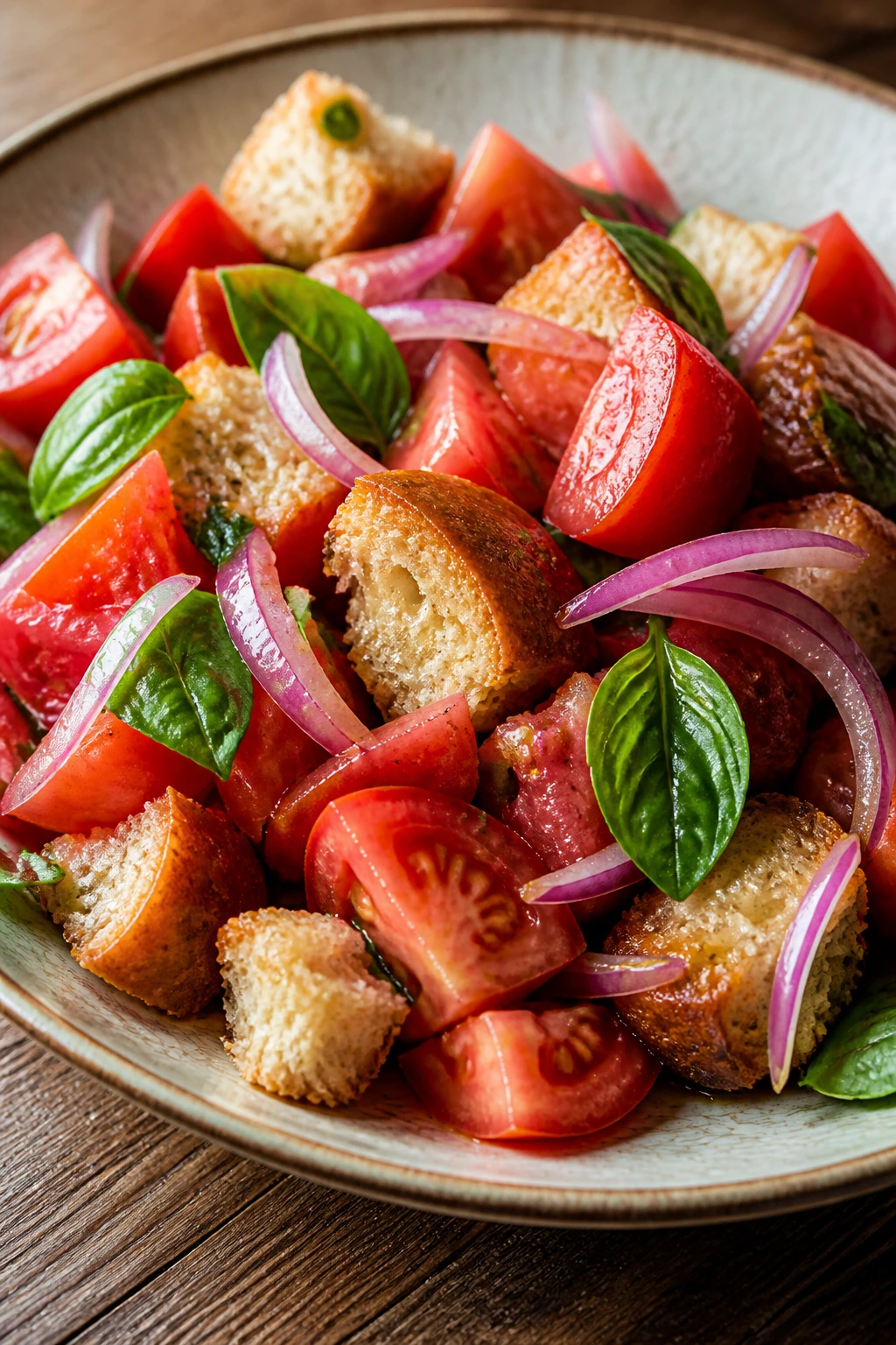 Close-up panzanella with tomatoes basil onion on a rustic plate