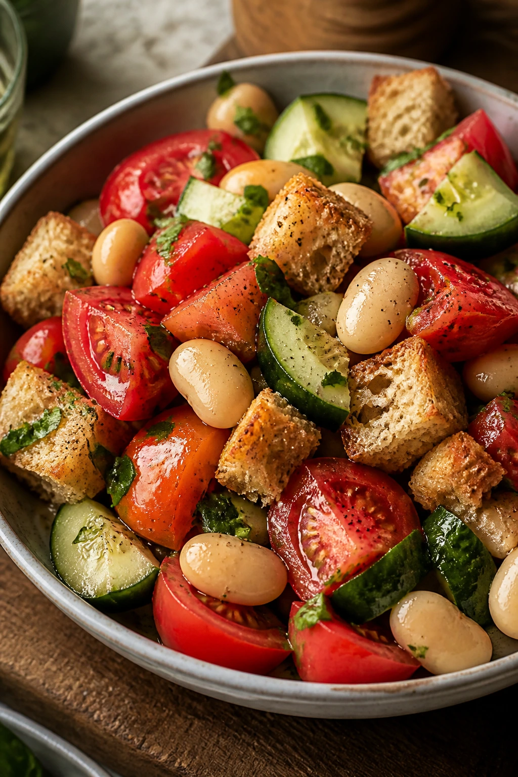 Panzanella with tomatoes cucumber bread and butter beans in a bowl