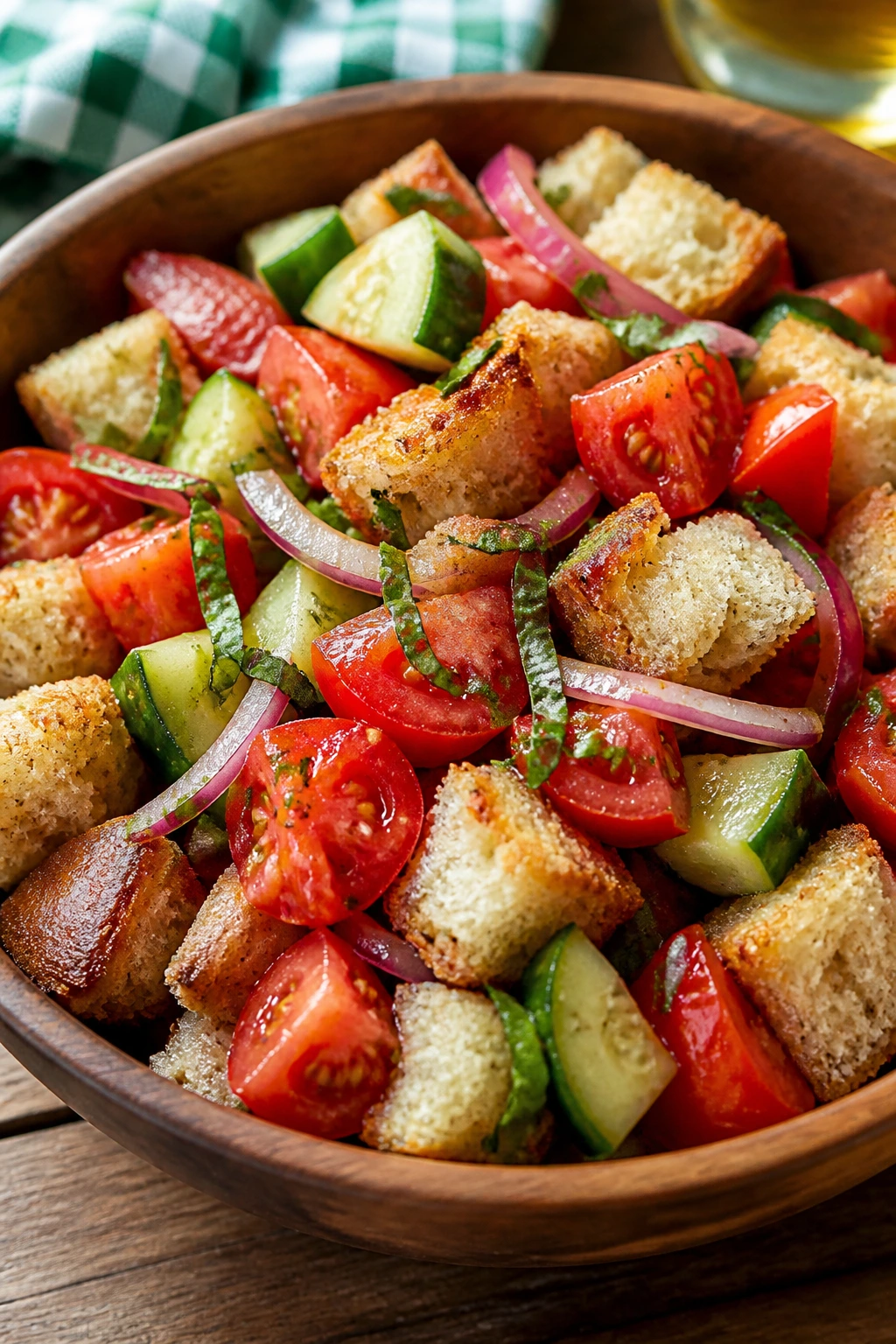 Panzanella with tomatoes, cucumber, red onion in a rustic bowl