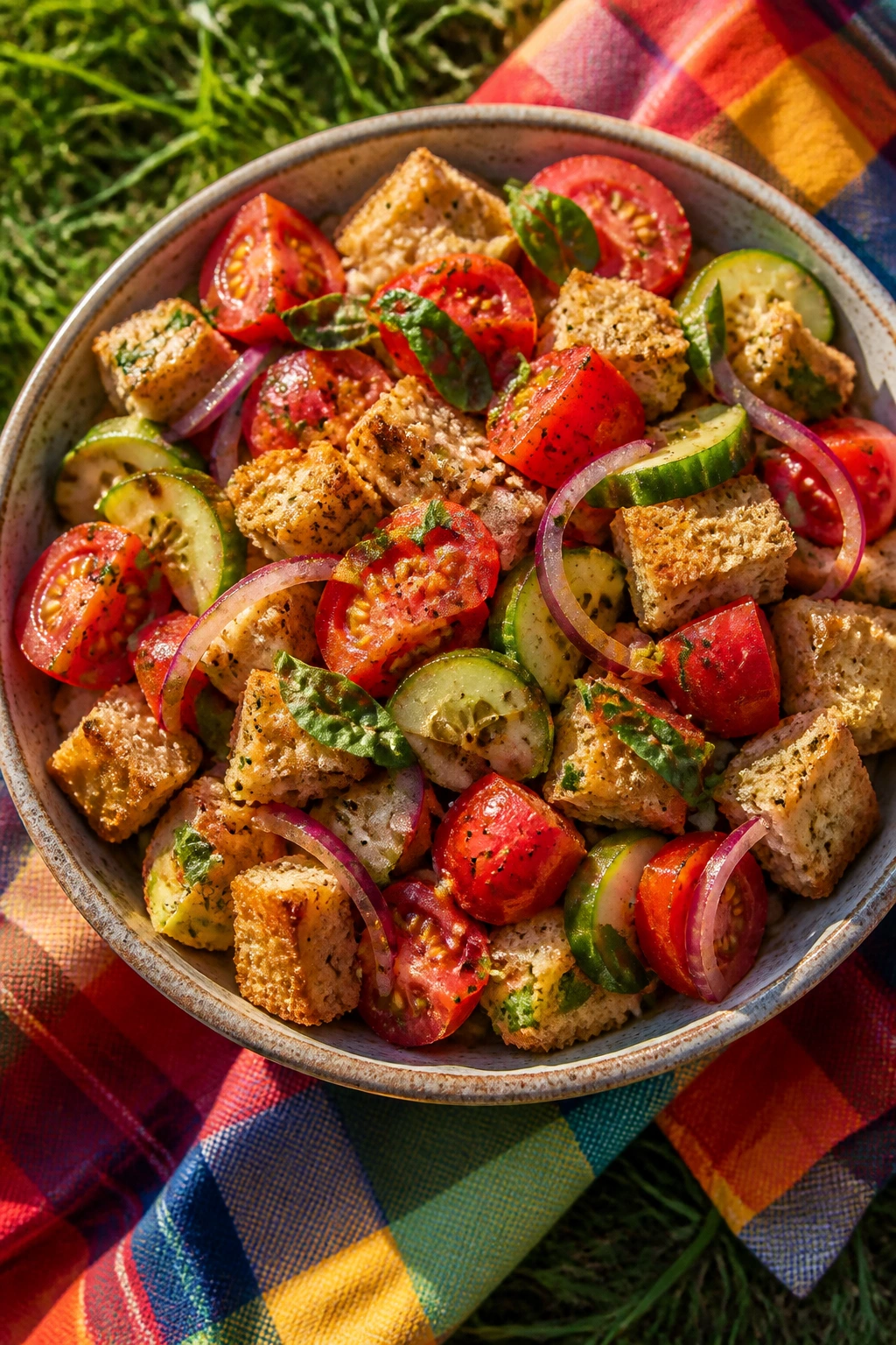 Panzanella salad with tomatoes and cucumbers in a bowl on a picnic blanket