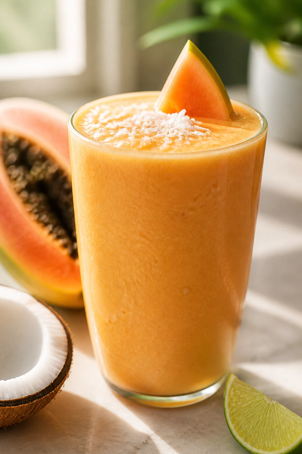 Close-up of Tropical Papaya Coconut Smoothie in a glass on a bright kitchen counter