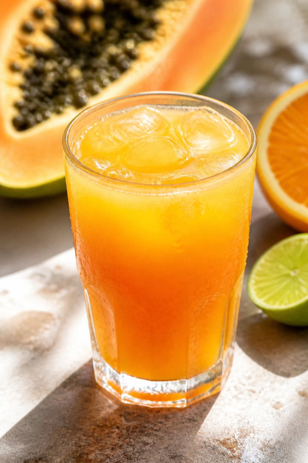 Close-up of a glass of Papaya Orange Lime Juice on a light stone counter