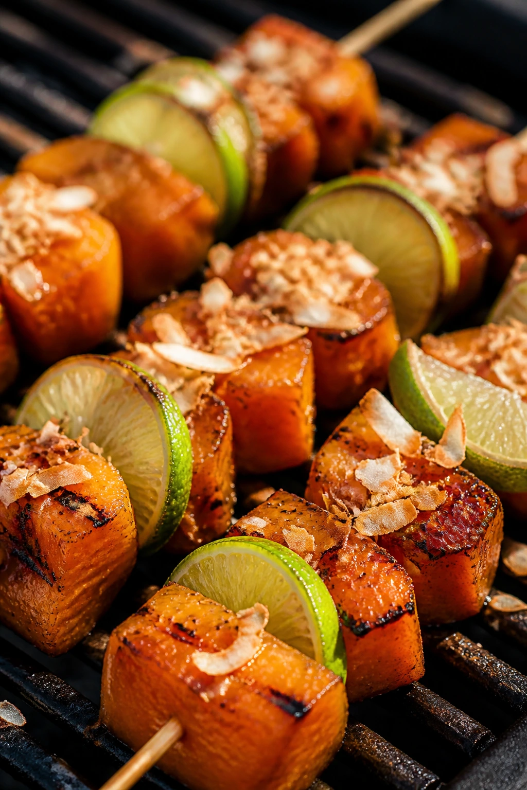 Close-up of papaya lime coconut skewers grilled outdoors