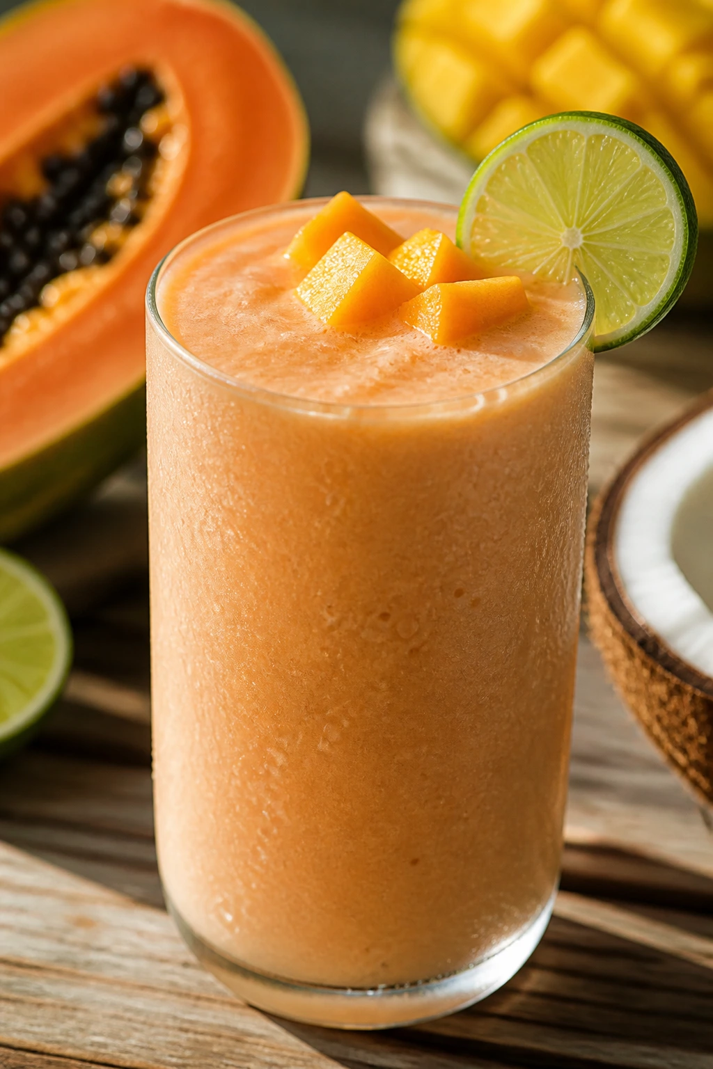 Close-up of papaya lime coconut smoothie in a glass