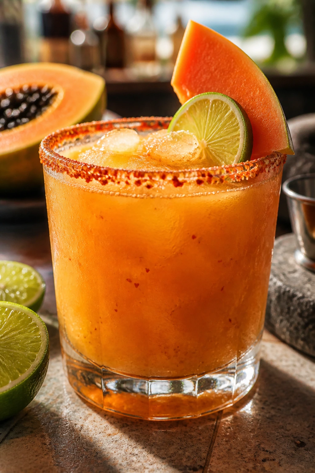 Papaya lime margarita with Tajín rim and papaya garnish