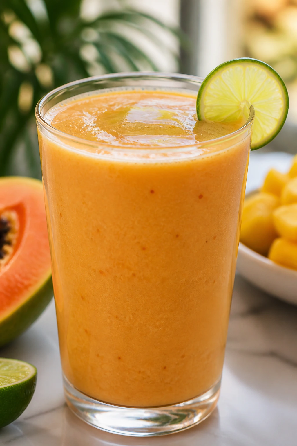 Creamy Papaya Lime Breeze in glass on bright kitchen counter with tropical plant blur.