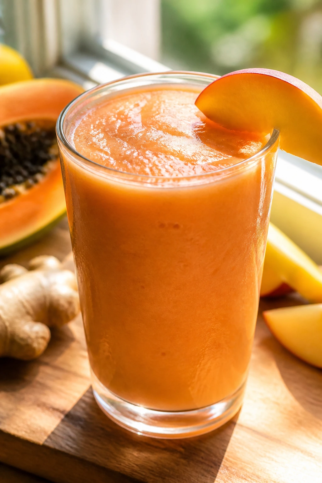 Coral Papaya Peach Ginger Smoothie in a glass on a sunlit windowsill