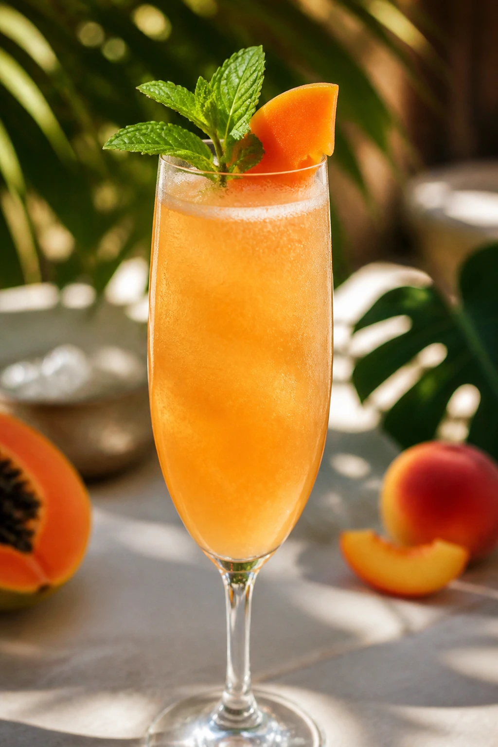 Flute glass with papaya peach sparkler and mint garnish