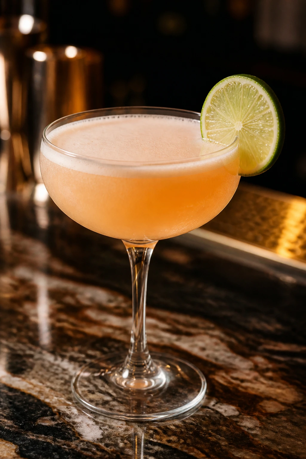 Peach-toned Papaya Rum Sour in a coupe glass with lime wheel