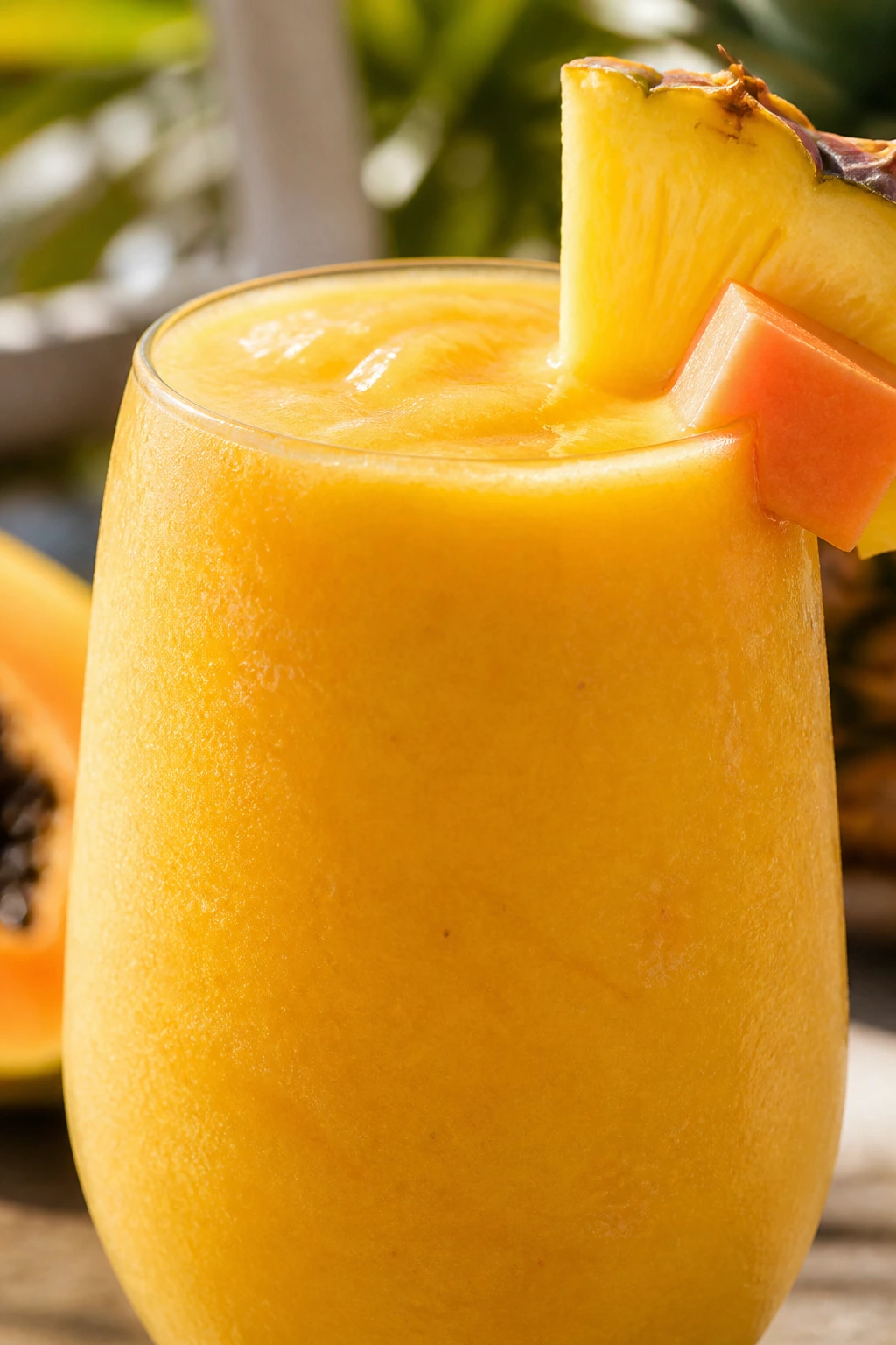 Close-up of a papaya pineapple smoothie in a glass on a sunny counter