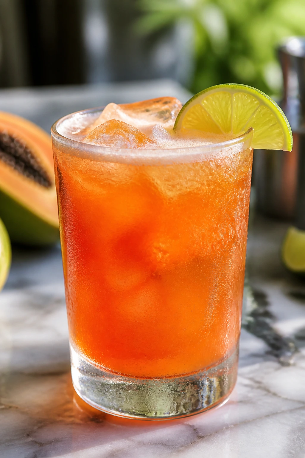 Close-up of Papaya Lime Soda in a glass with lime wedge