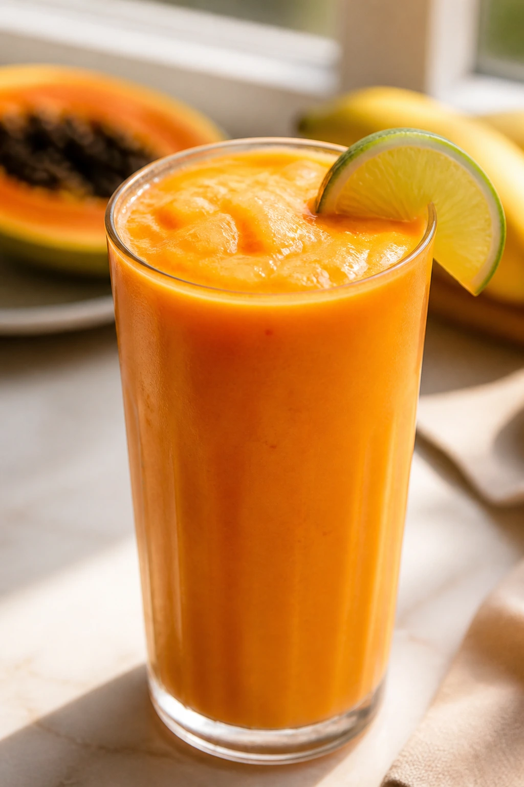 Close-up of Papaya Sunrise Smoothie in a tall glass with lime wedge