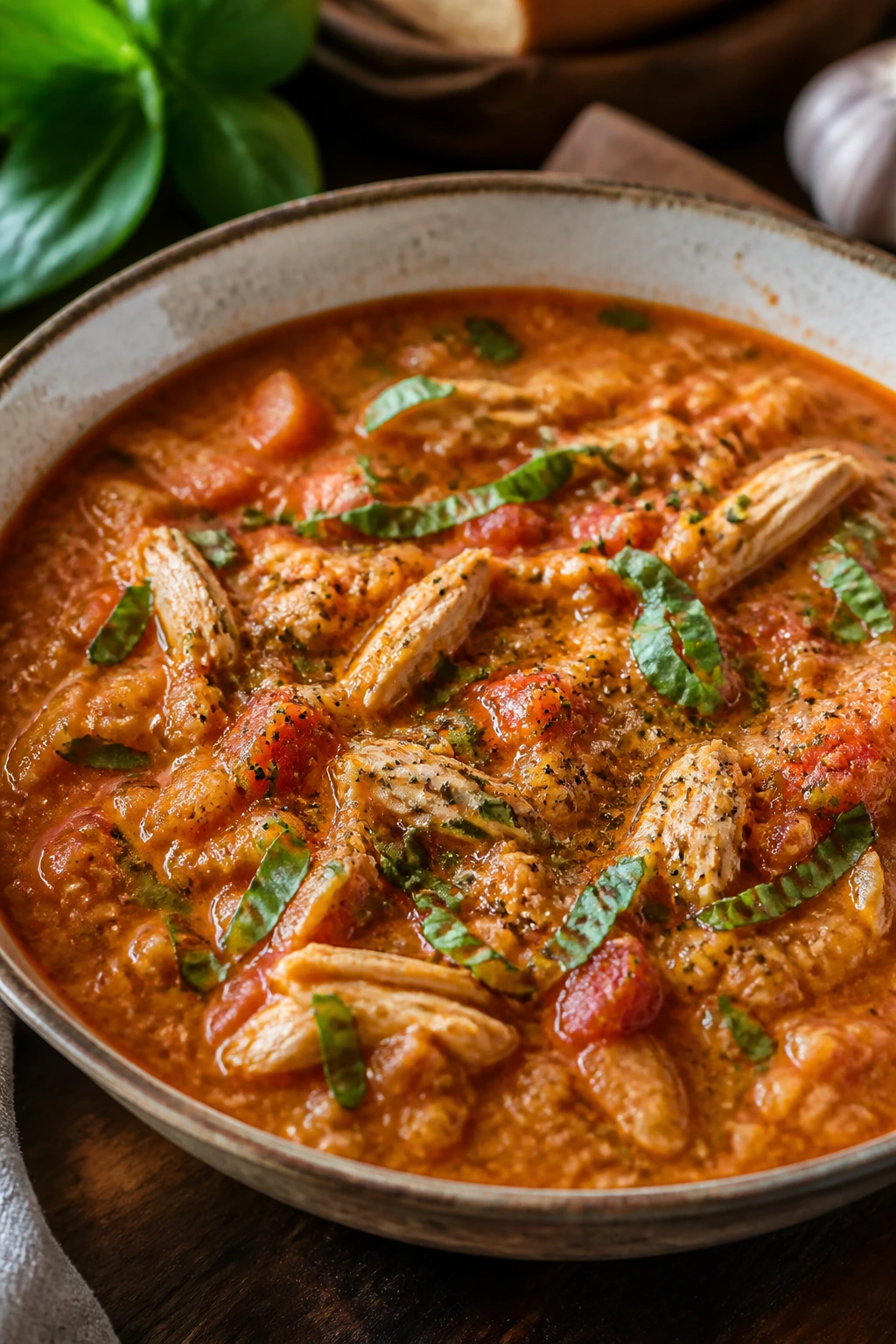 Rustic bowl of pappa al pomodoro chicken soup with shredded chicken