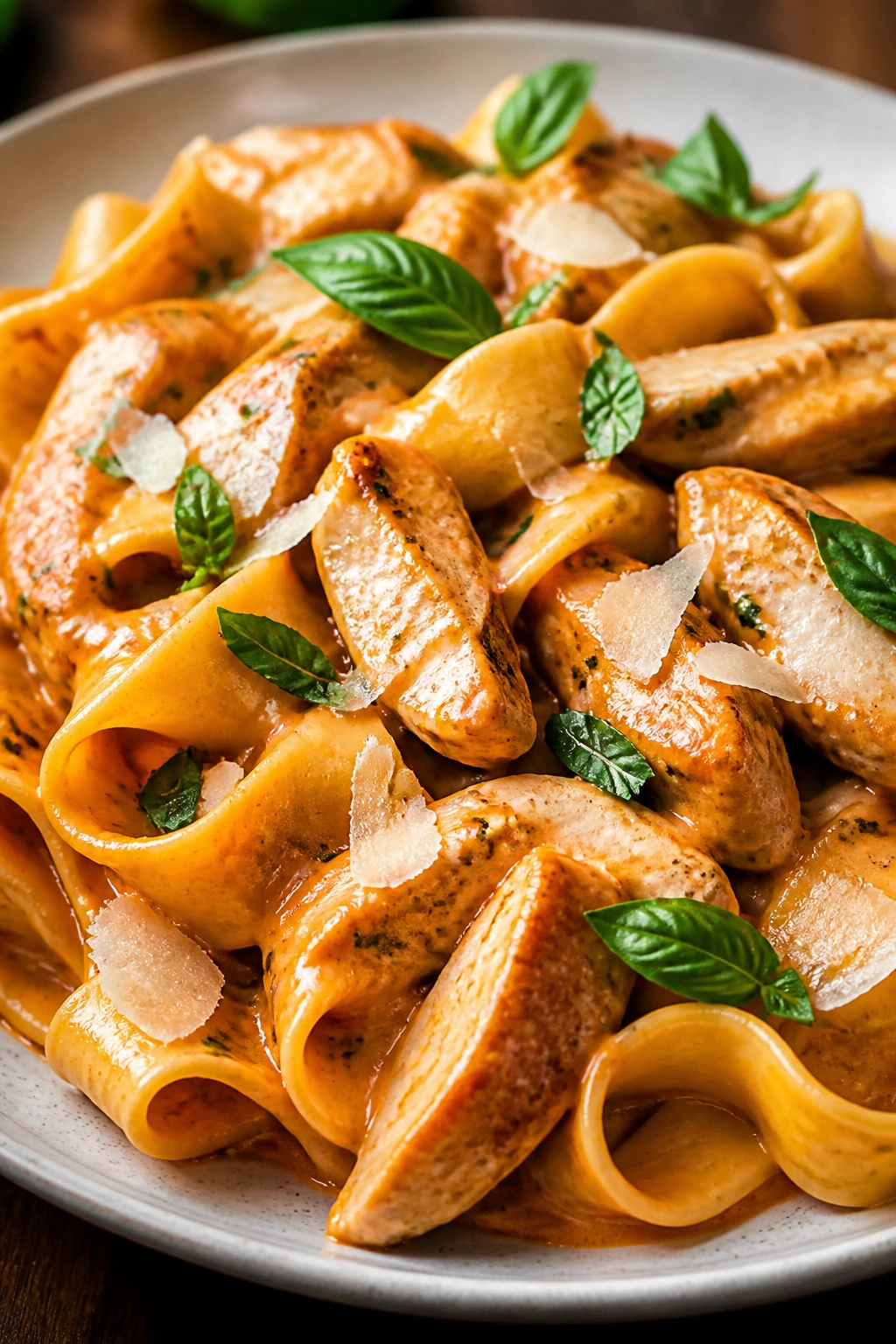 Pappardelle pasta with chicken in tomato-cream sauce.
