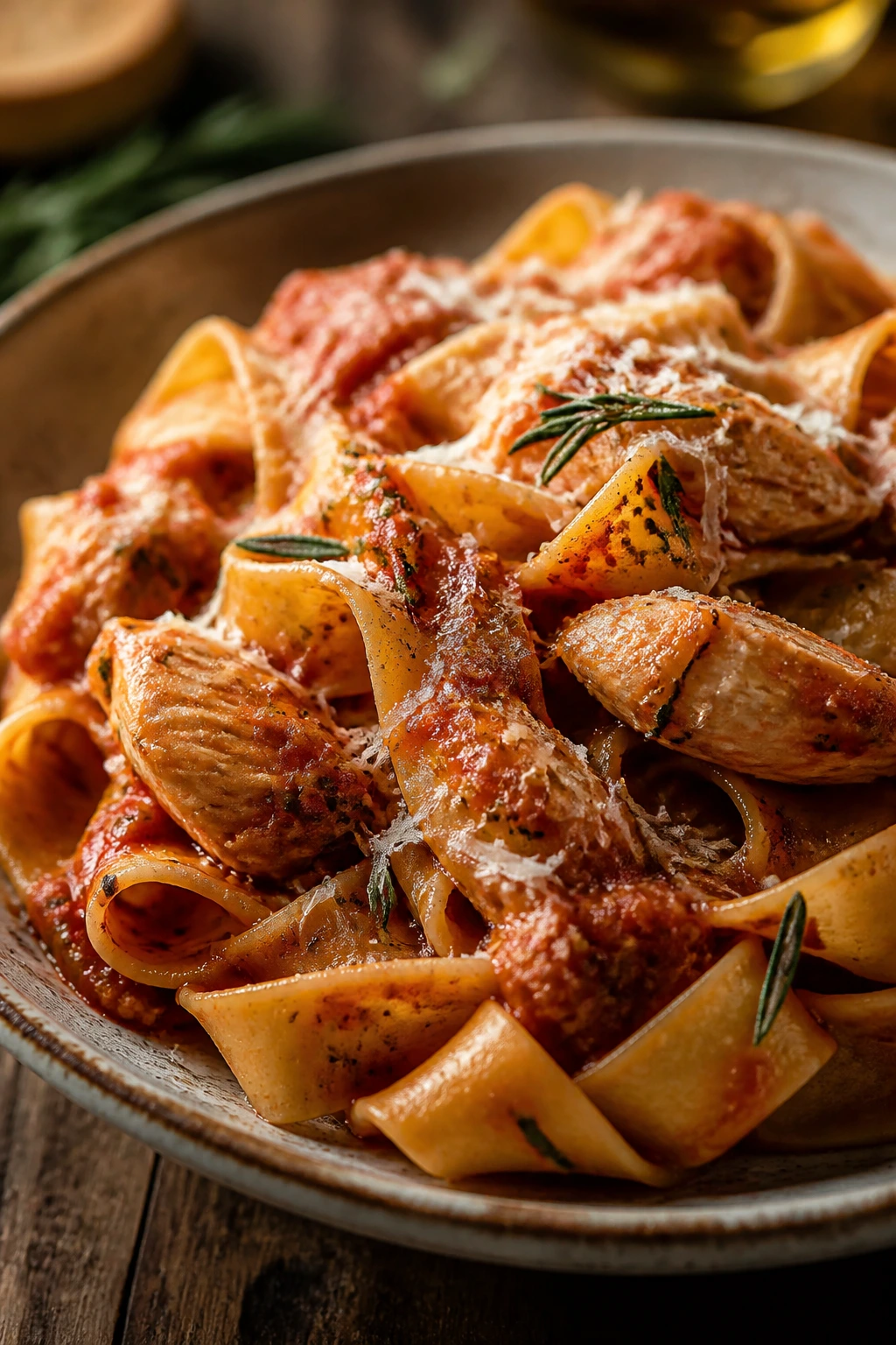Pappardelle with tomato-rosemary sauce and chicken