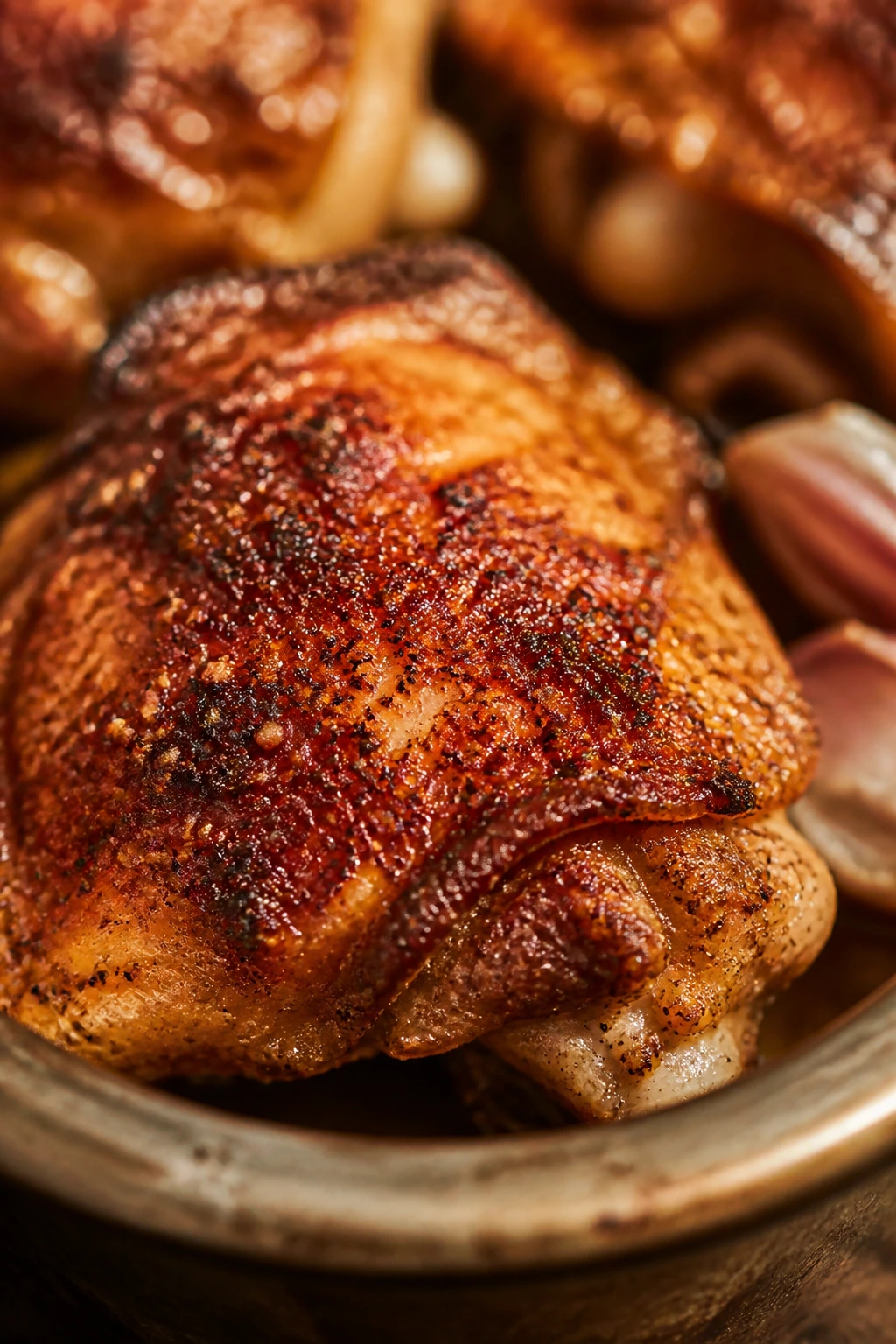 Close-up of paprika-crusted roasted chicken thigh with brown sugar caramelization