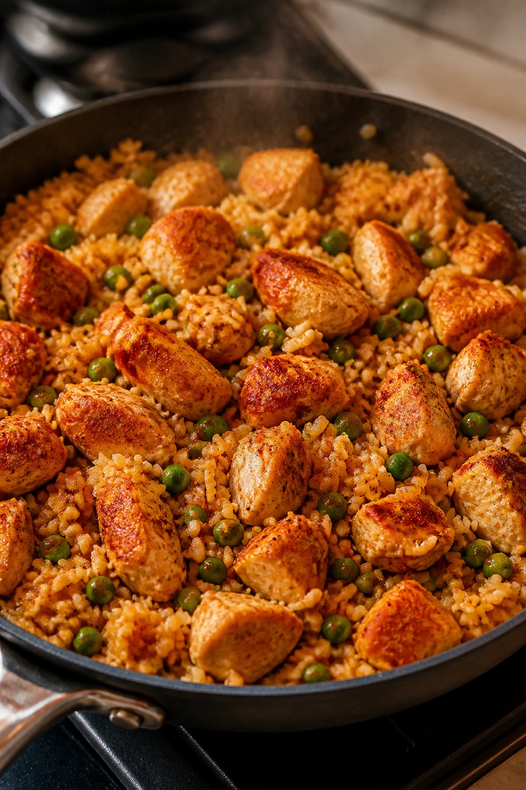 Close-up of paprika chicken and rice skillet with peas in a frying pan