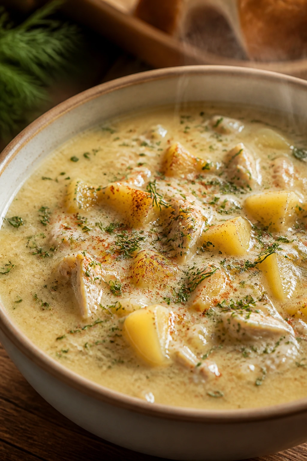 Cream of chicken soup with paprika and herbs garnish