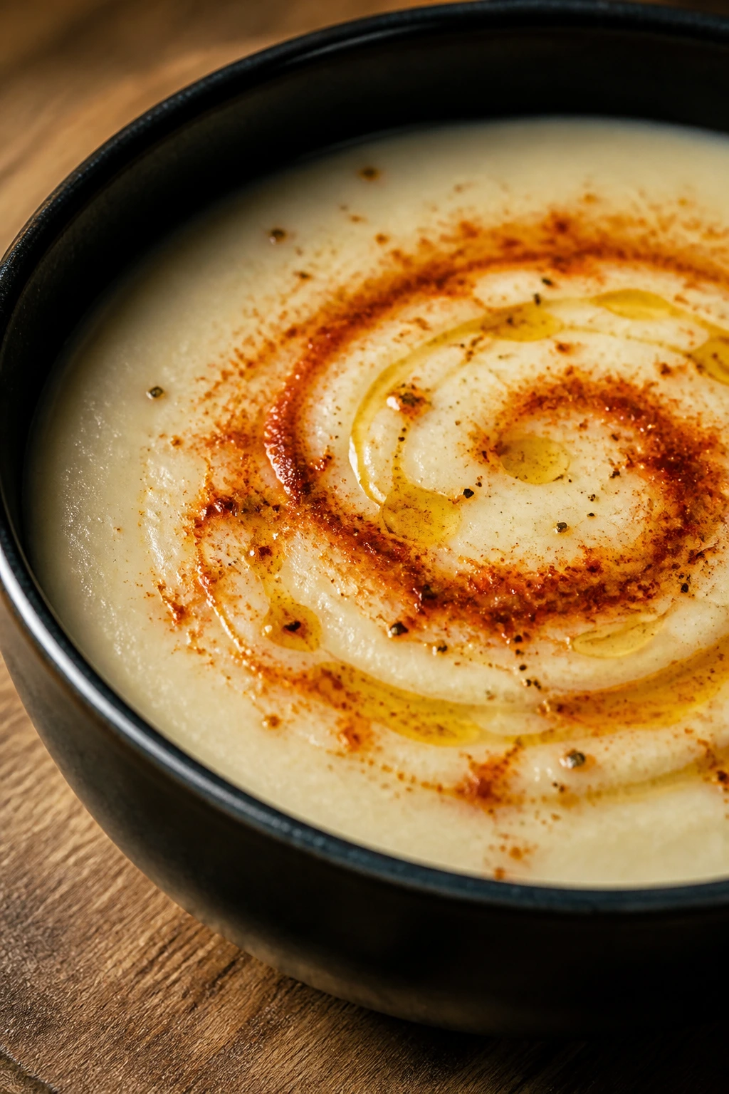 Creamy soup with smoky paprika swirl and olive oil drizzle in a dark plate