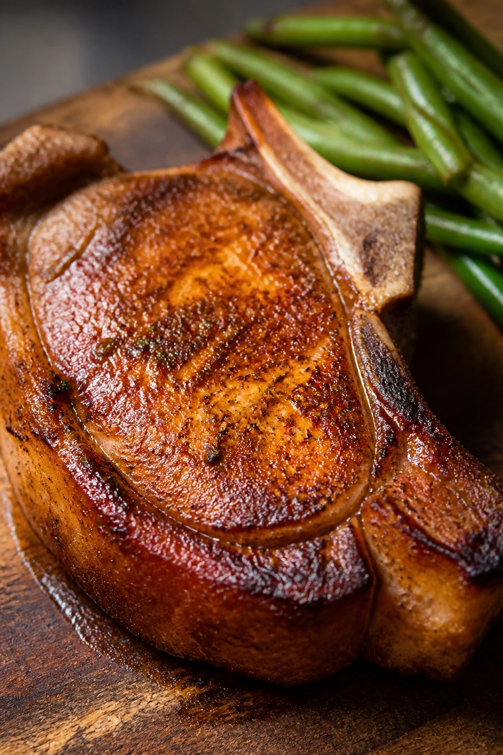 Close-up of paprika-rubbed pork chop on cutting board