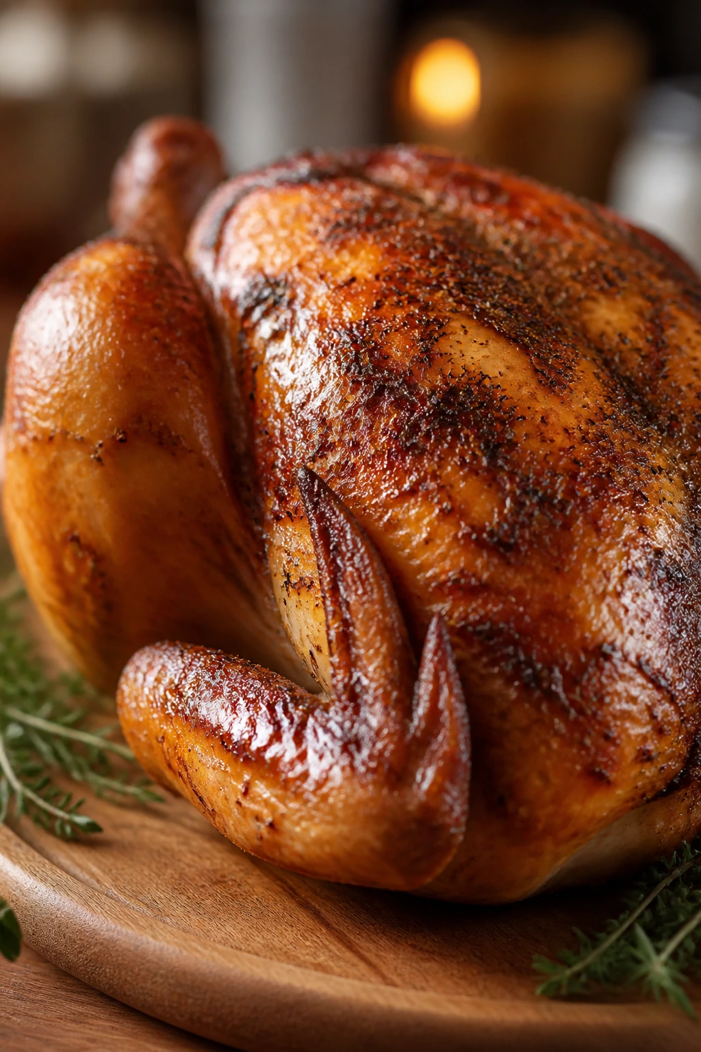 Roasted chicken with paprika-herb rub on glossy skin