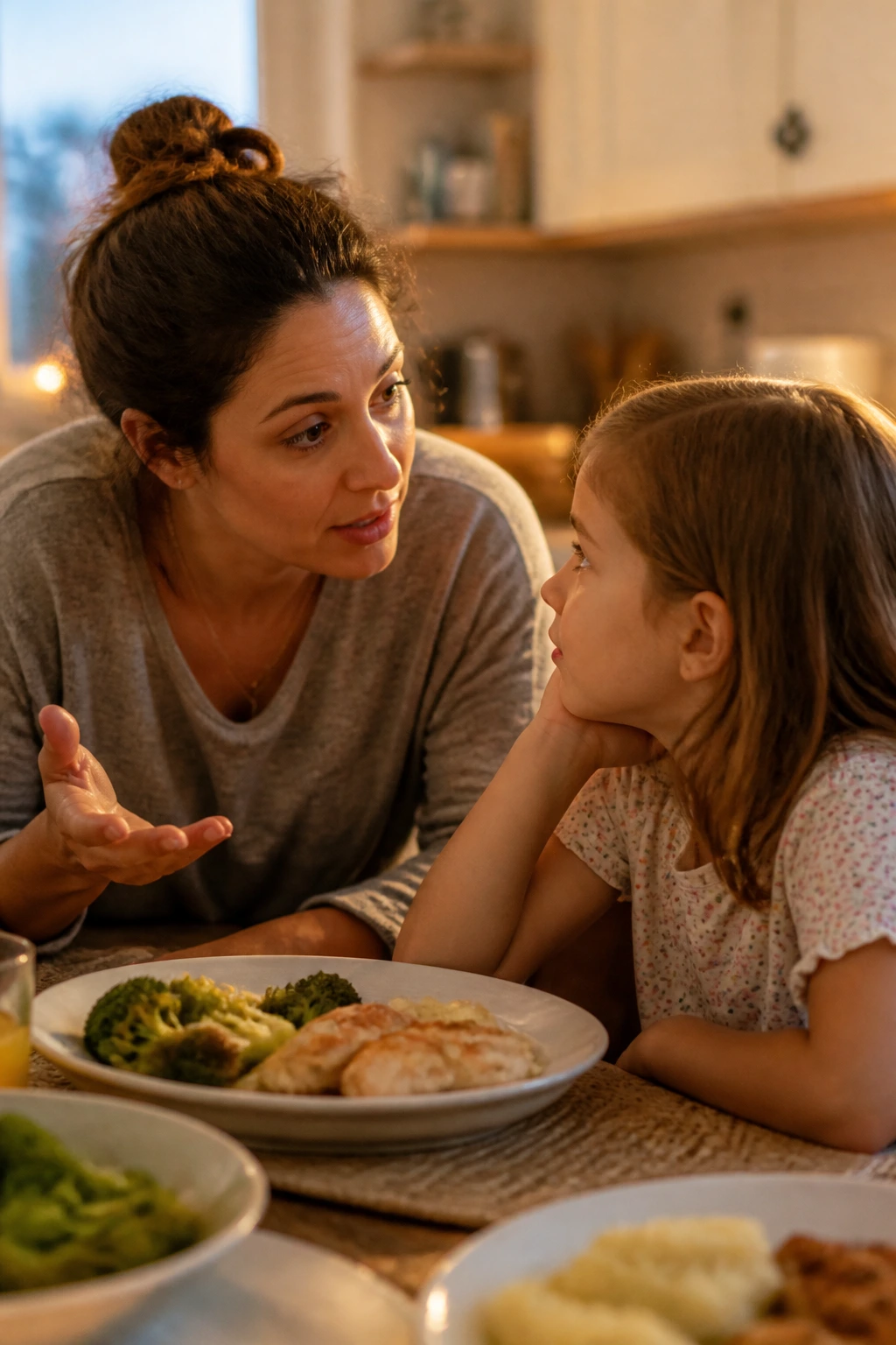 Parent and child at dinner, with engaged expressions, representing dinner-time questions.