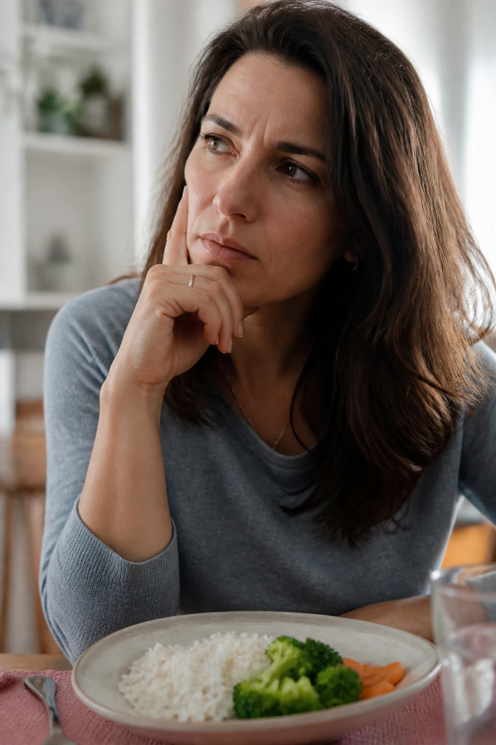 Parent at dinner with thoughtful expression and kid-friendly plate