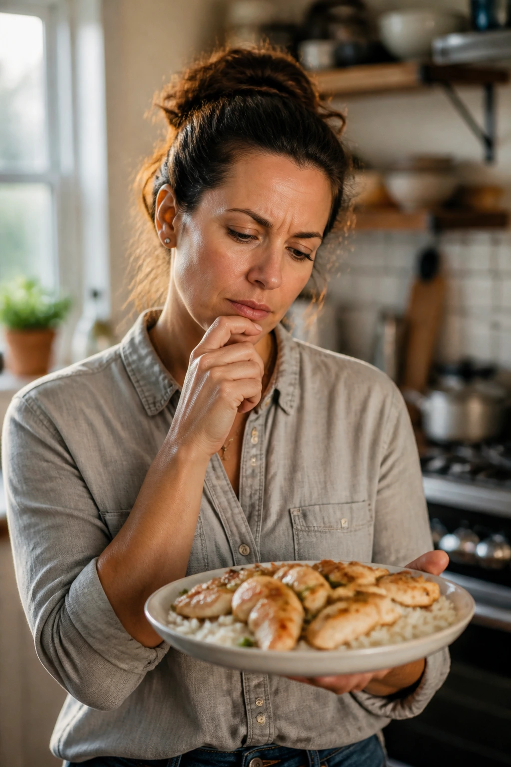 Parent in kitchen contemplating chicken and rice dinner