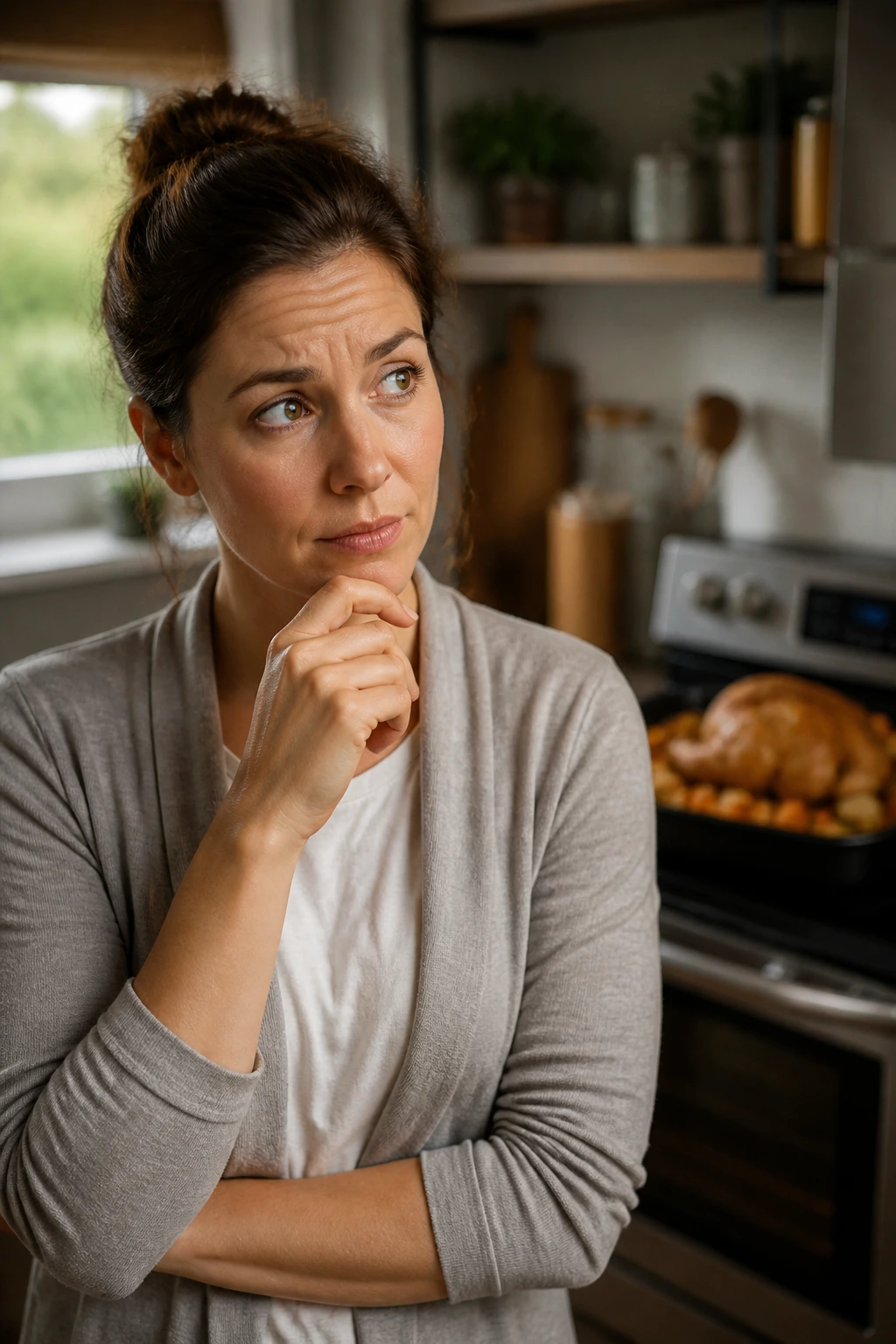 Parent in kitchen thinking about roasting chicken