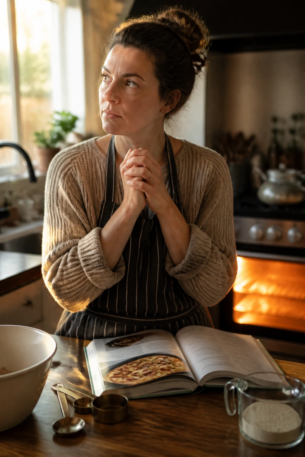 Parent in a cozy kitchen contemplating preheating the oven with a recipe book nearby