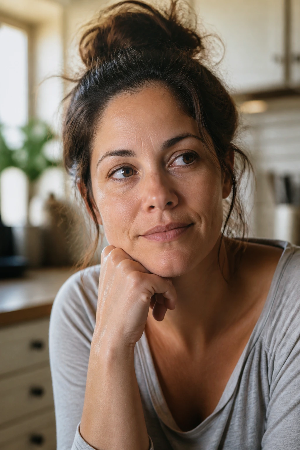 Close-up portrait of a real parent in a warm kitchen with a thoughtful expression