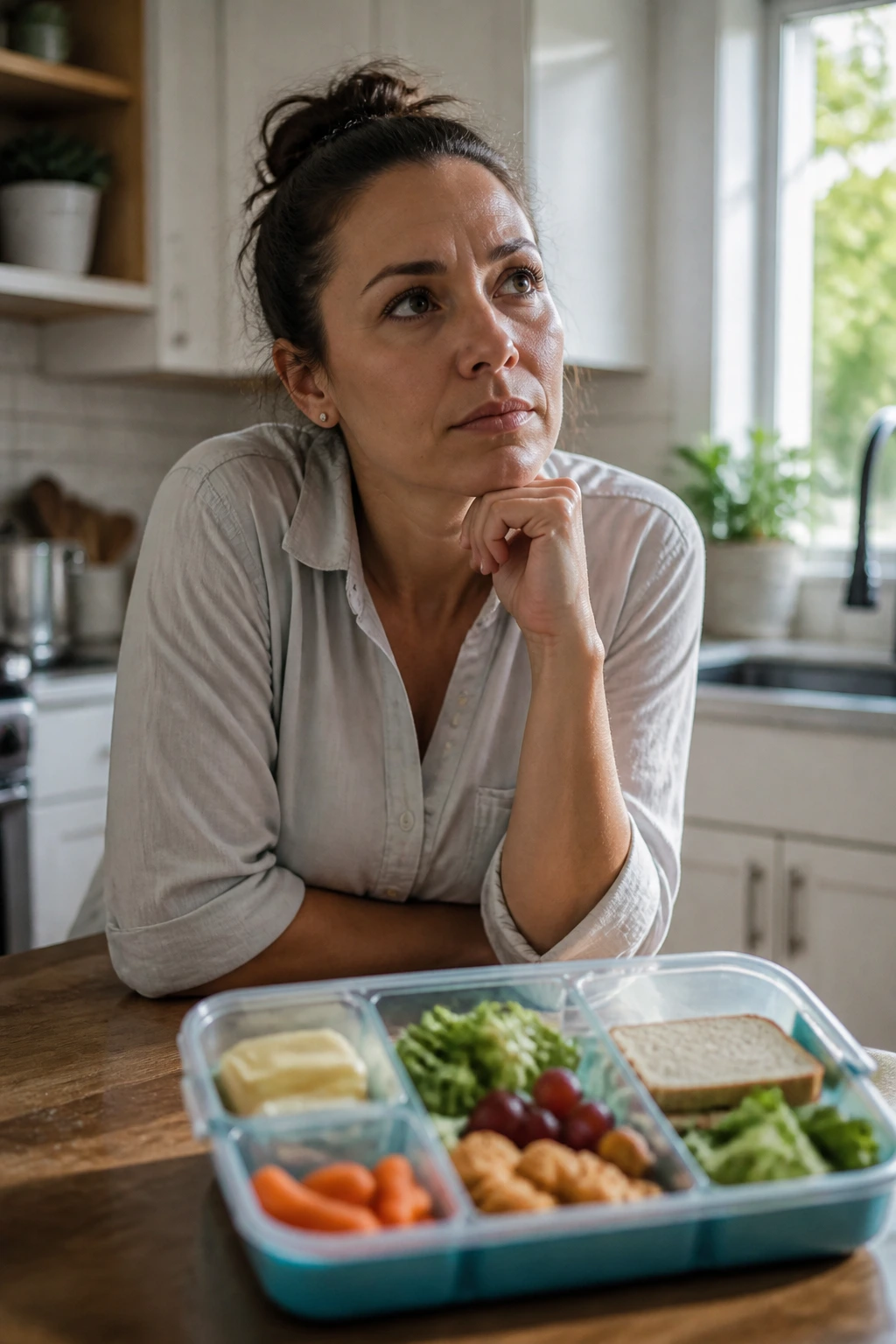 Thoughtful parent in a bright kitchen contemplating a lunchbox.