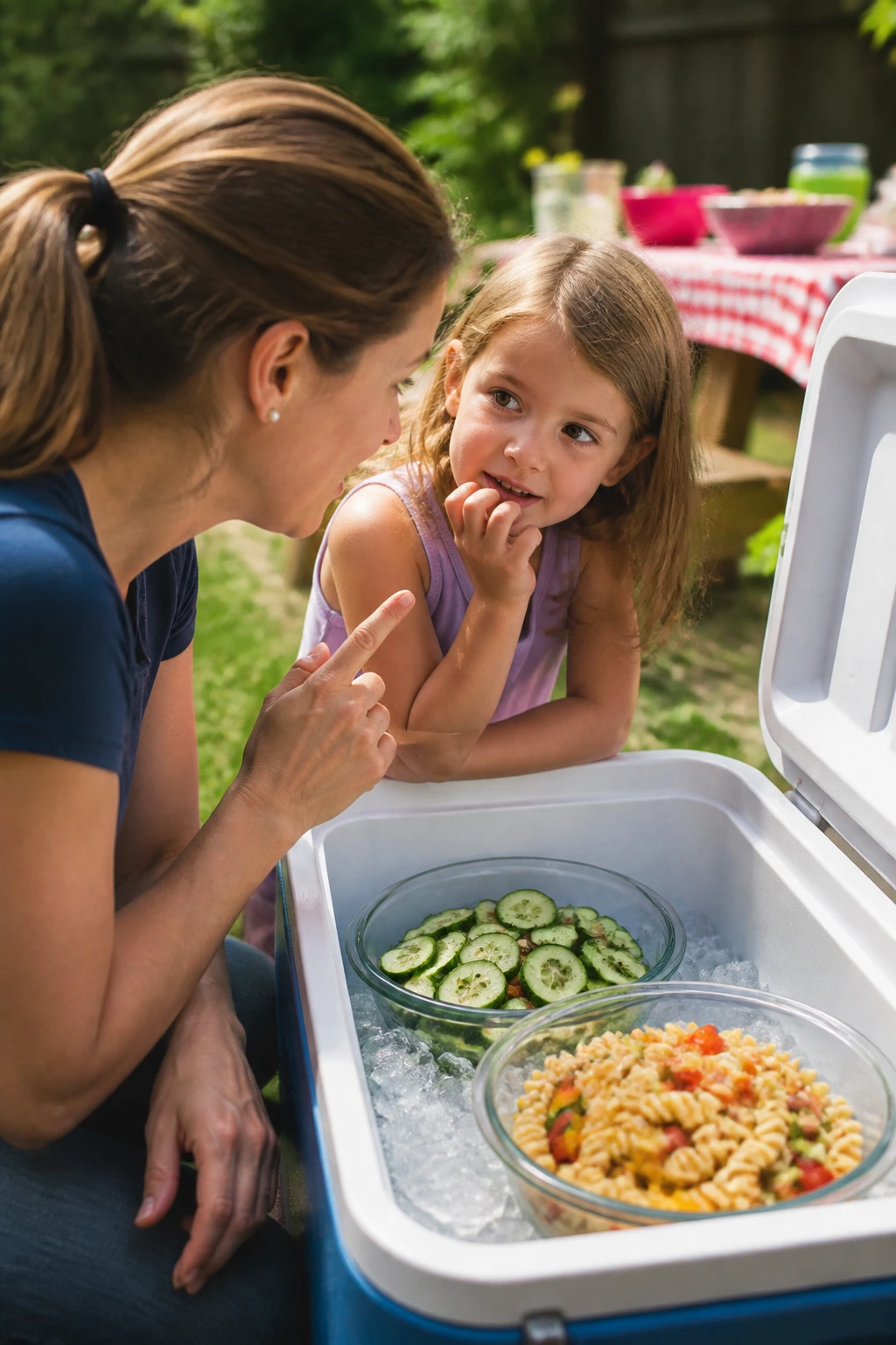Parent and child near an open cooler outdoors, child curious about the food while the parent guides them.