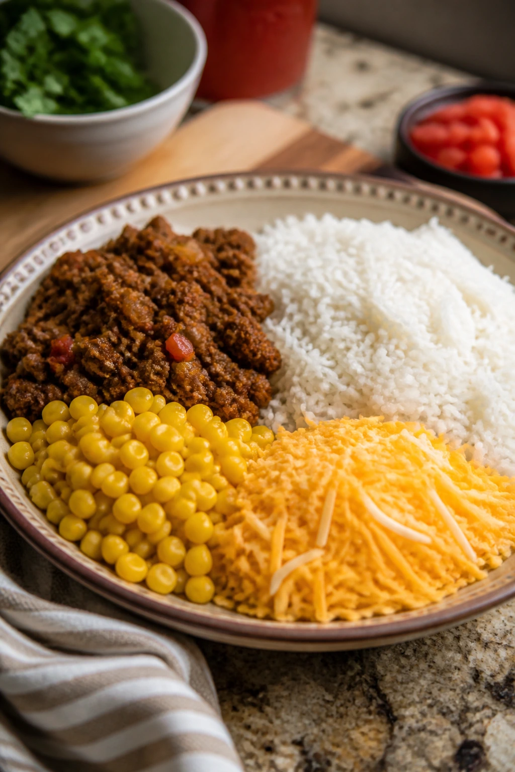 Plate with separate piles of rice, meat, corn, and cheese showing customizable toppings