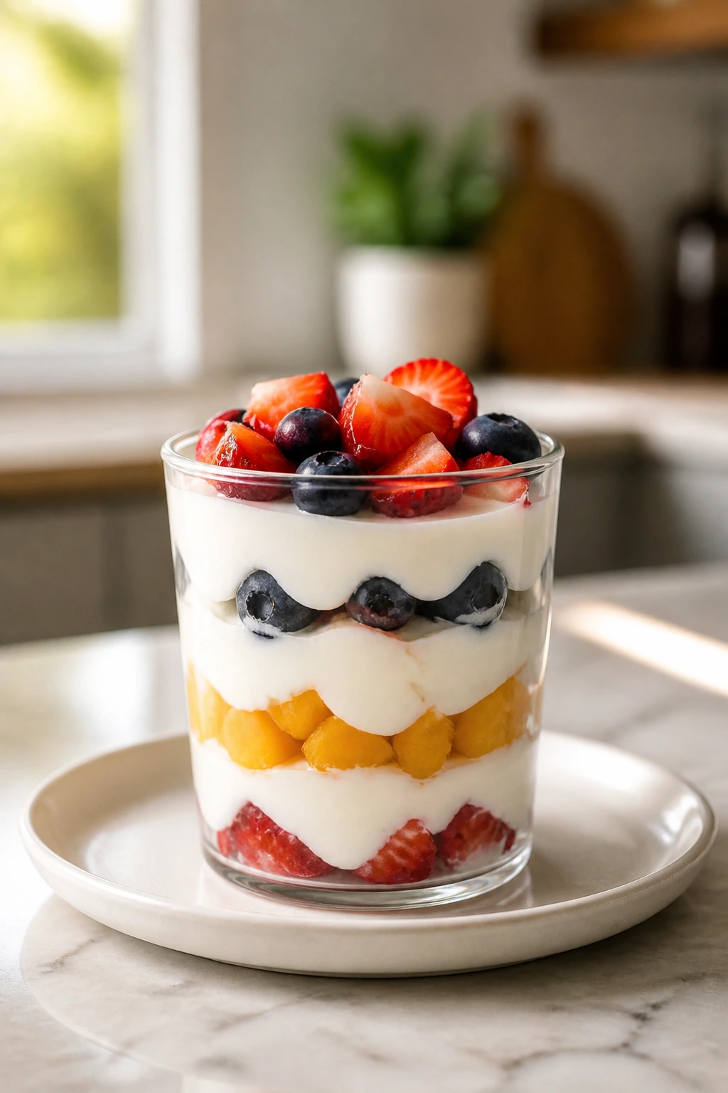 Parfait cup with layered yogurt and fruit on a plate