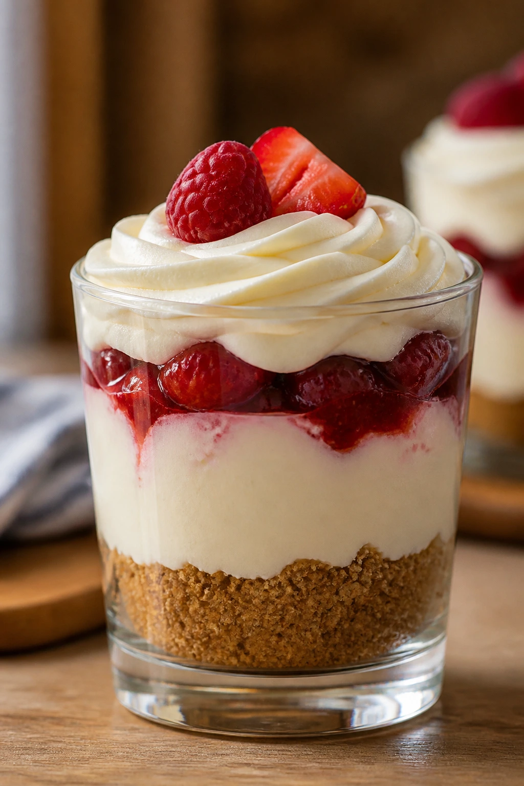 Parfait glass angled to reveal interior layers, warm home kitchen lighting, shallow depth of field.